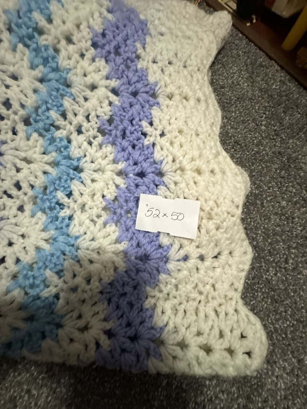 Handmade Crocheted Throw Blanket 52x50 Blue and White